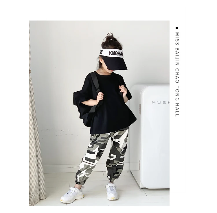 Школьные танцевальные комплекты для девочек г. Летние новые модные топы с буквенным принтом+ камуфляжные штаны комплекты из 2 предметов детская одежда в стиле хип-хоп ws734