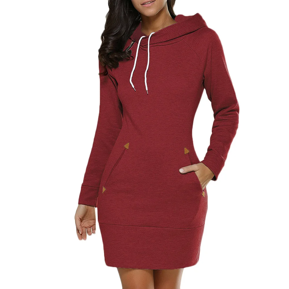 Women Autumn Zipper Hoodie Dress Pocket Long Sleeve Mini Dress Casual