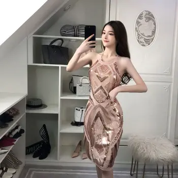 

2019 Dress Sexy Celebrity Backless Elegnat Pink Sequined Women Halter Sleeveless Night Club Bandage Body con Dresses Wholesale