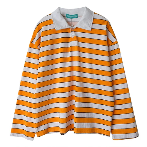 Loose Casual Vintage Striped Basic All Match College Wind Long Sleeve Turn Down Collar Female Women