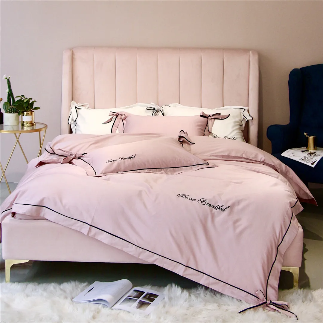 

New 60s Egyptian long-staple cotton embroidered bedding set sweet bow RUIYEE bed set Queen King quilt cover sheets pillowcase
