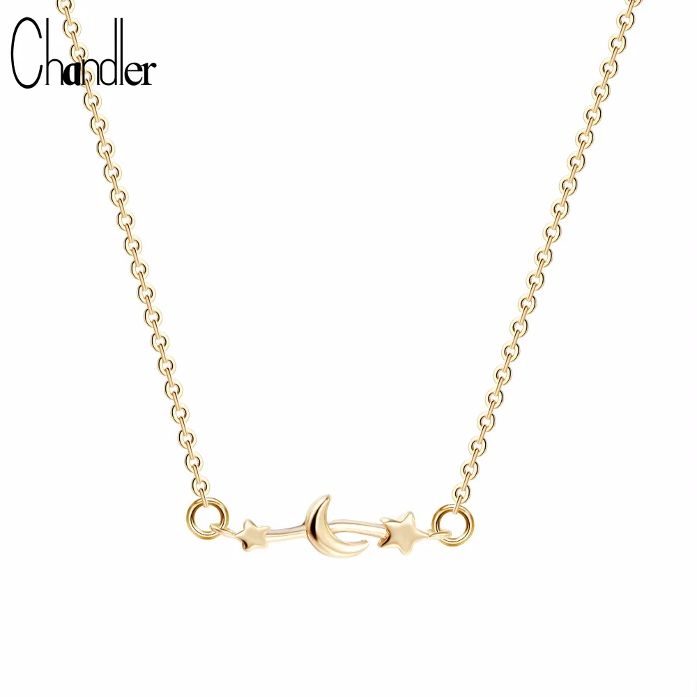 Chandler Star Moon Pendant Necklace Handmade Brand Constellation Slim 40cm Long Chain Chokers Unique Trendy Femme Love Jewelry