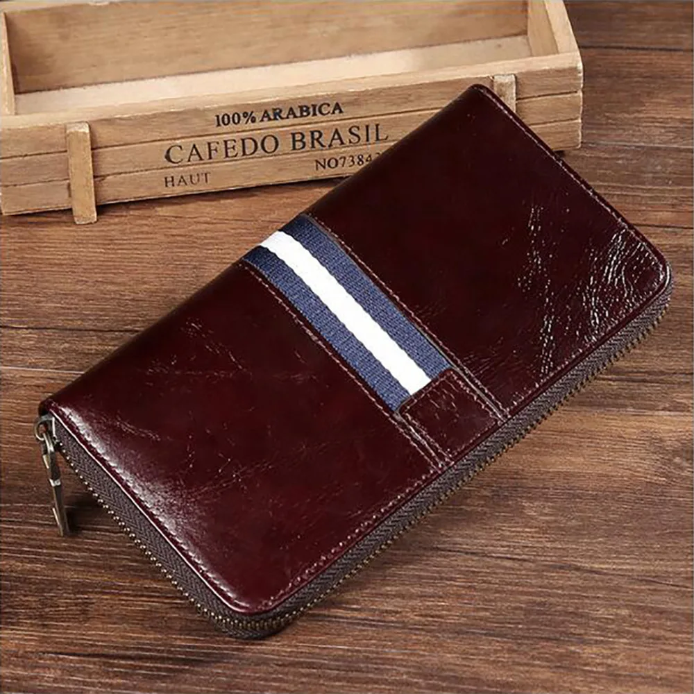 

High Quality Genuine Leather Men Wallet Clutch Money Bag Cash Coin Pocket Card Holder Retro Real Cowhide Male Zipper Long Purse