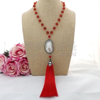 

N082904 19'' Red Crystal Necklace White Shell Tassel Pendant