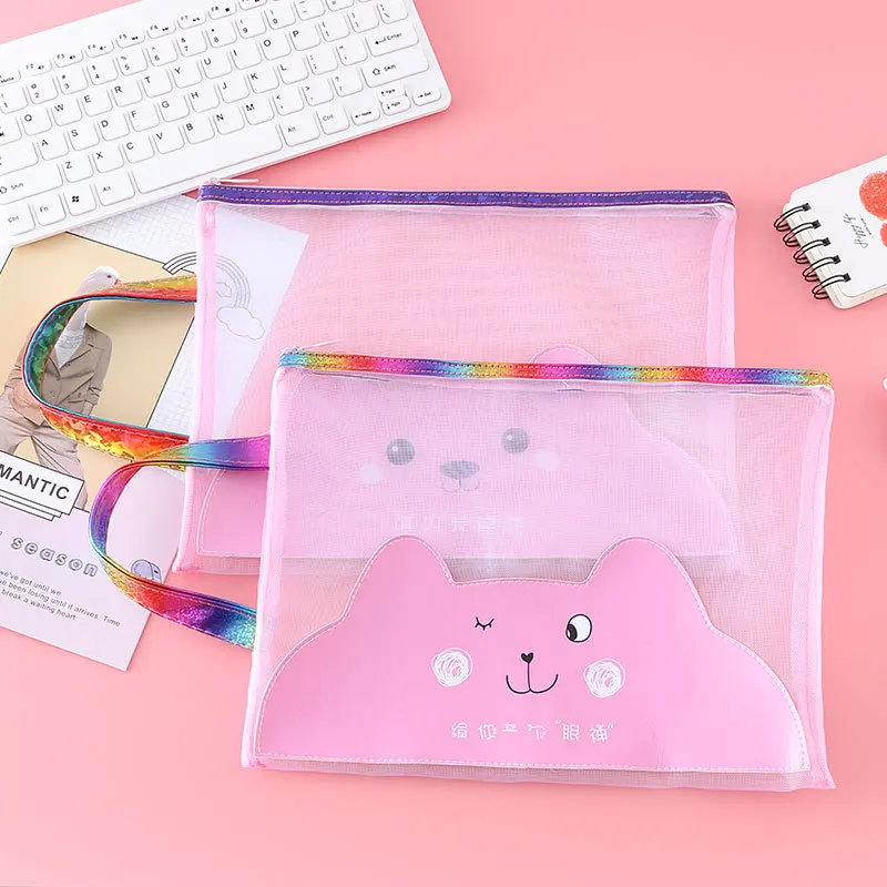А4, розовая сумка для файлов, сетчатая папка для файлов, лазерная рукоятка с веревкой, сумка для наполнения, для школы, офиса, сумка для хранения, водонепроницаемая сумка на молнии