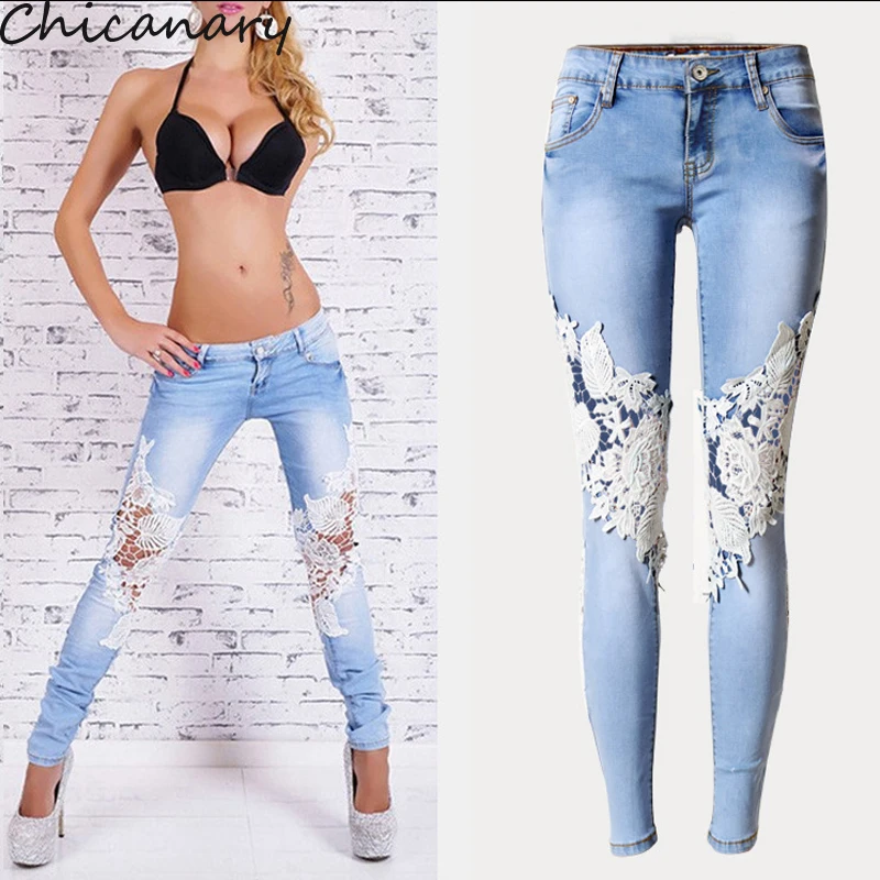 2016 Spring Women Vintage Denim Hot Sexy Openwork Lace Stitching Trousers Slim Feet Jeans Woman Plus
