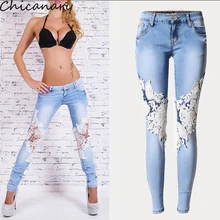 2016 Весна Женщины Vintage Denim Hot Sexy Ажурные Кружева Шить Брюки Тонкий Ноги Джинсы Женщина Плюс Размер Женщин Брюки