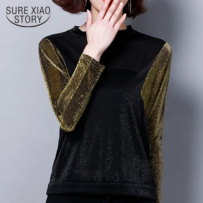 

Fashion Gold and silver color Large size women's spring blouses 2019 Round neck Long sleeve women clothing shining tops 2209 50