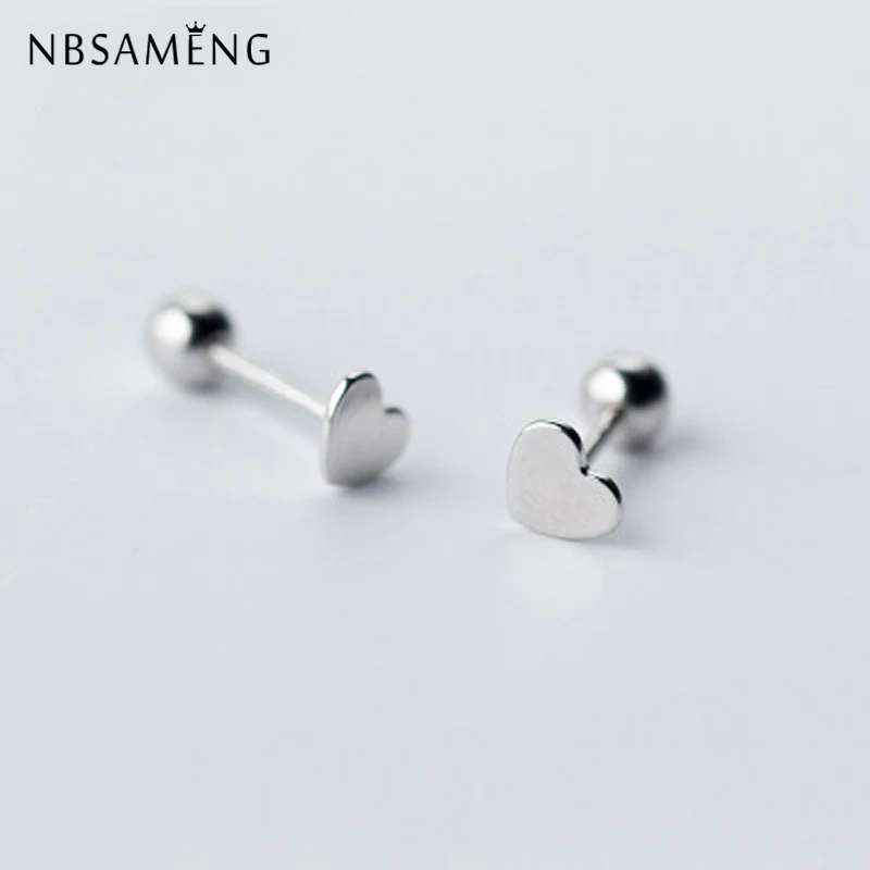 

NBSAMENG Small Smooth Heart Love Pure 925 Sterling Silver Screw Stud Earrings for Women Girls Lady Fashion Jewelry Mini Gift