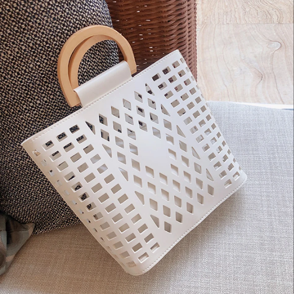 

Women Bags Handbags Hollow Out Beach Bag Bolsa Feminina Wood handle tote bags PU leather shoulder bag Purses