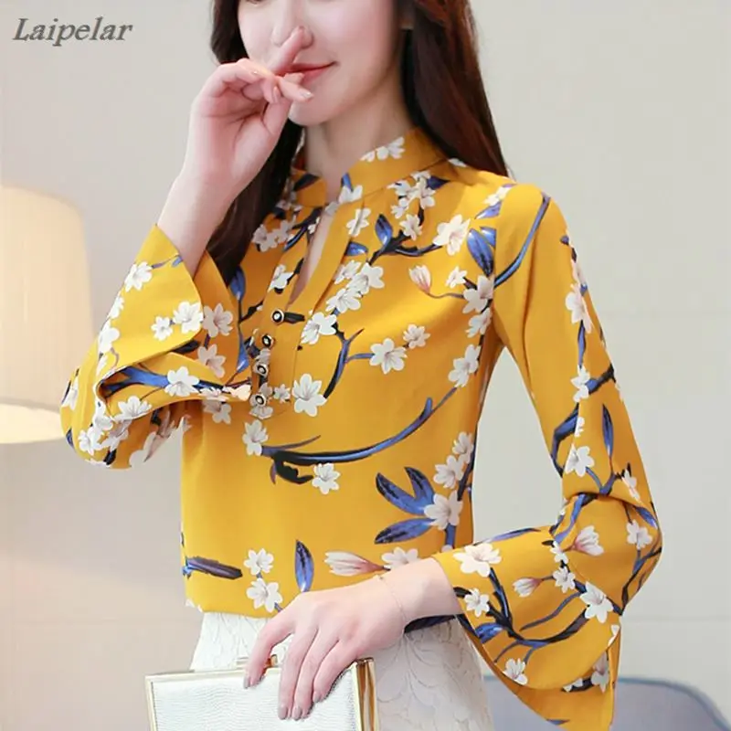 

2018 Spring Chiffon Blouse Womens Tops and Blouses Long Flare Sleeve Printed Shirts Casual Ladies Shirt Clothing Chemise Femme