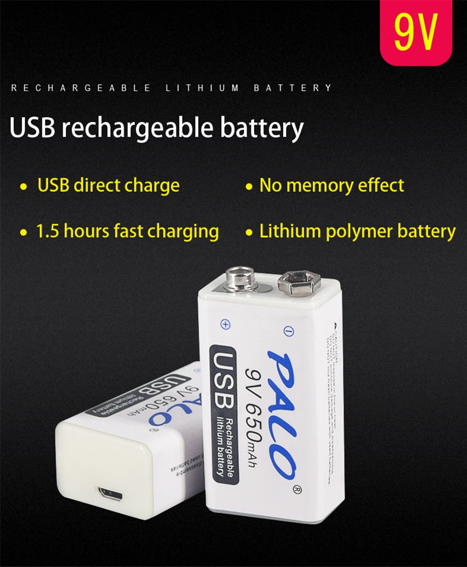 PALO 9V 650mAh литиевая li-po литий-ионная аккумуляторная батарея с микро usb кабелем для микрофона игрушка пульт дистанционного управления KTV