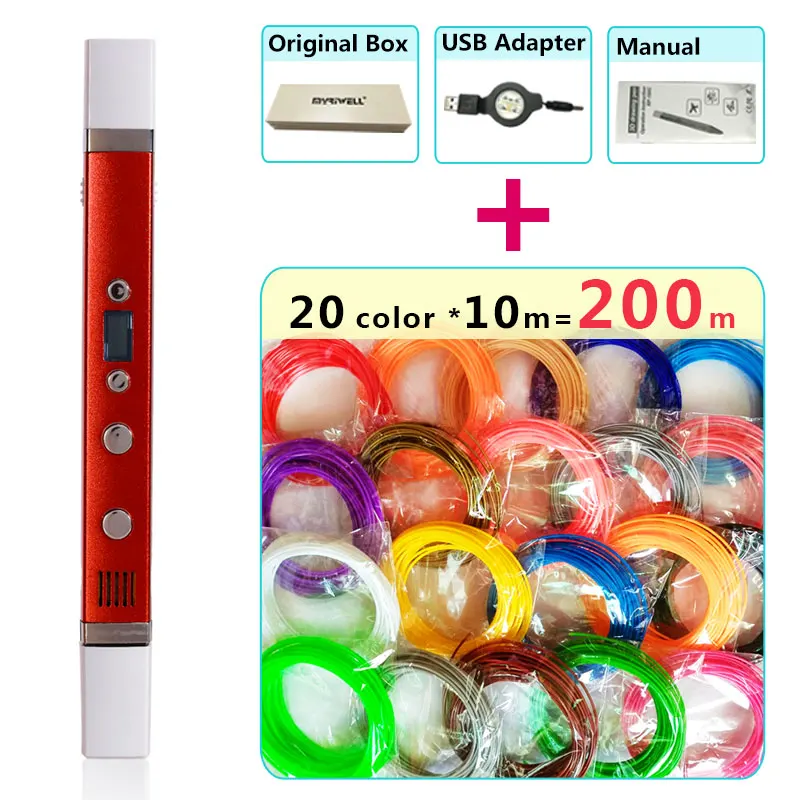 Myriwell 3d Ручка+ 20 цветов* 10 метров PLA нити(200 метров), 3d печать Ручка-3d волшебная ручка, лучший подарок для детей, suppo - Цвет: and 20 colors X 10m