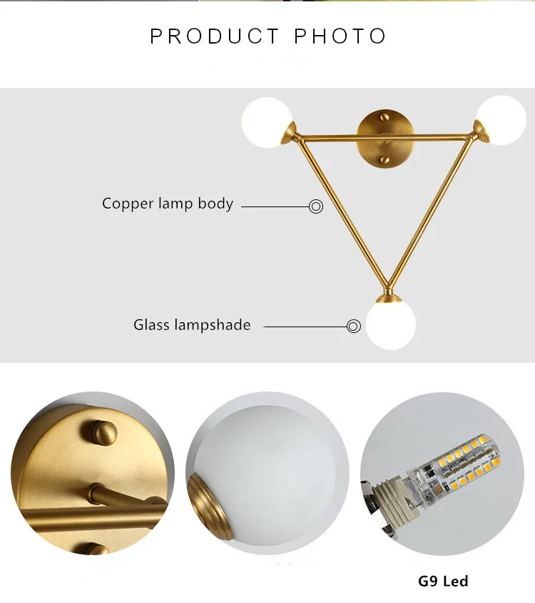 Три стеклянный шар светодиодный настенный светильник домашний декорация декор для стен для спальни прикроватный для прохода кухни медный