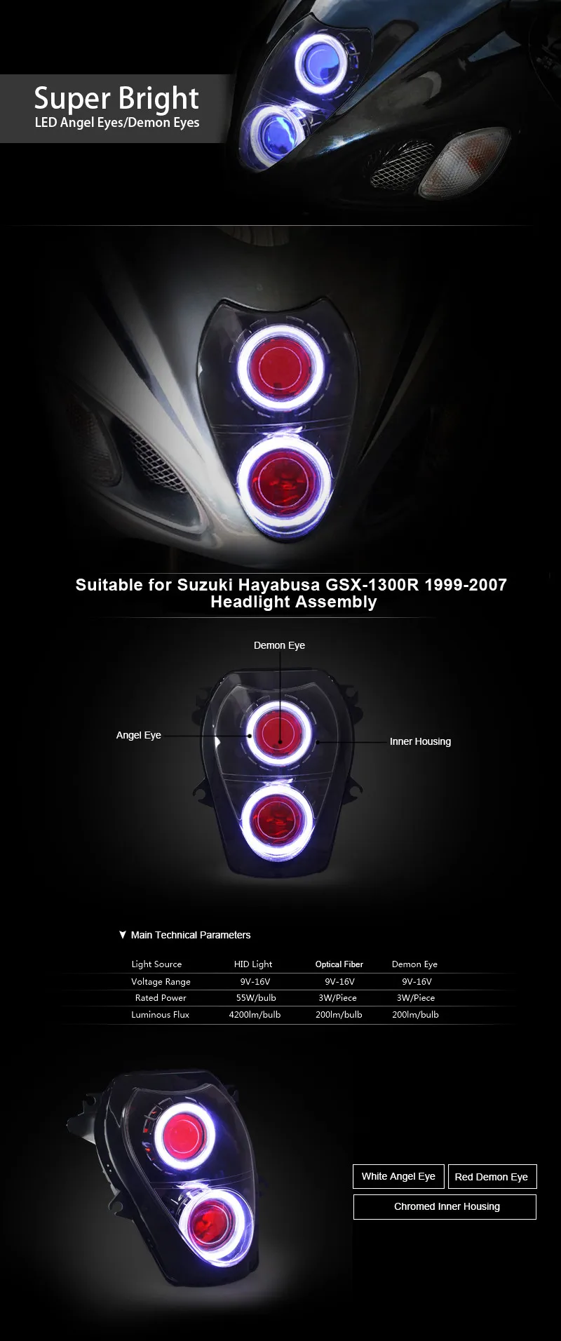 Передние фары KT для мотоцикла для Suzuki Hayabusa GSX1300R 1999 2000 2001 2002 2003 2004 2005 2006 2007 HID Проектор Светодиодный(LED) Глаз ангела Белый Светодиодный(LED) Глаз демона Красный Передняя фара 55 Вт