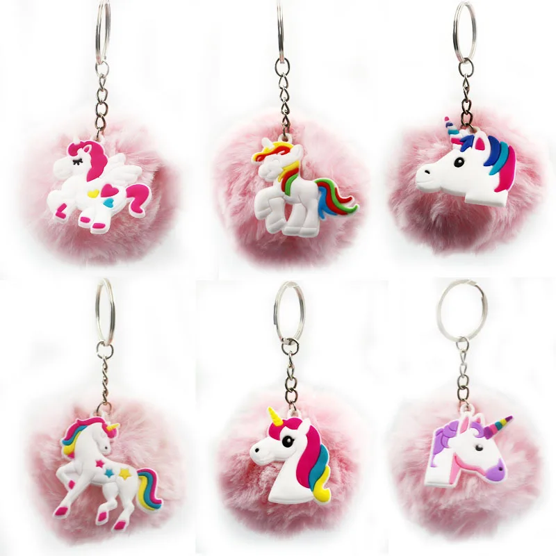 

Trendy Diy Cute Fairytale PVC Unicorn Plush Ball Pompom Keychain Horse Key Rings Holder For Woman Girls Gift Jewelry