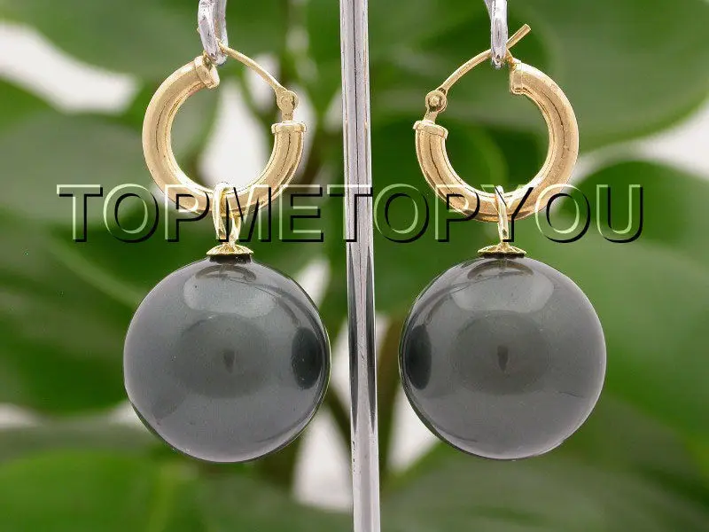 

Free Shipping >> New hot AAA Dangle big 20mm Tahitian black round sea shell pearl Earrings 14K hoop E1604