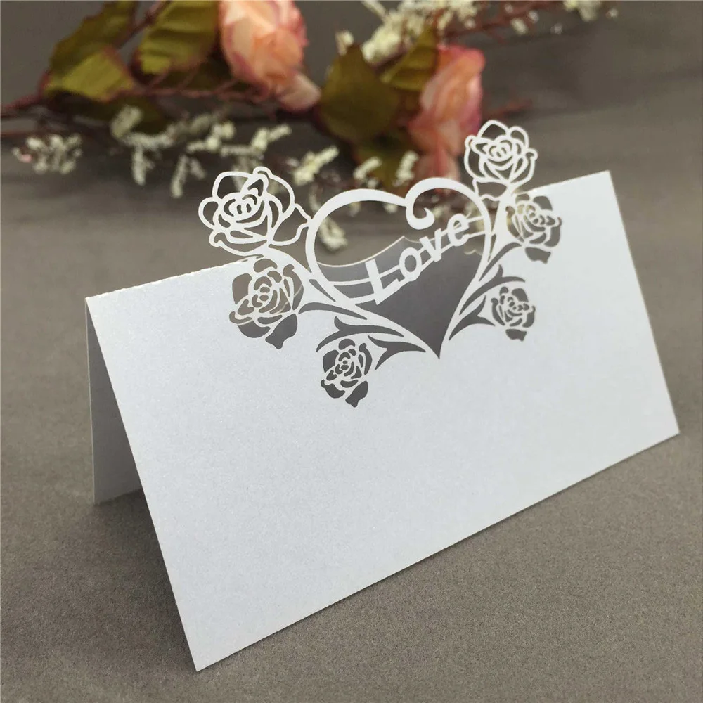 50pcs Romantic Wedding Name Card Laser Cut Heart Rose Love Pattern 