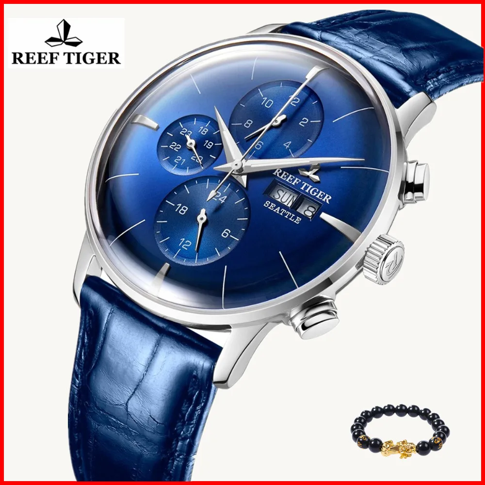 Reef Tiger новинка 2019 Роскошные мужские часы с синим циферблатом многофункциональные