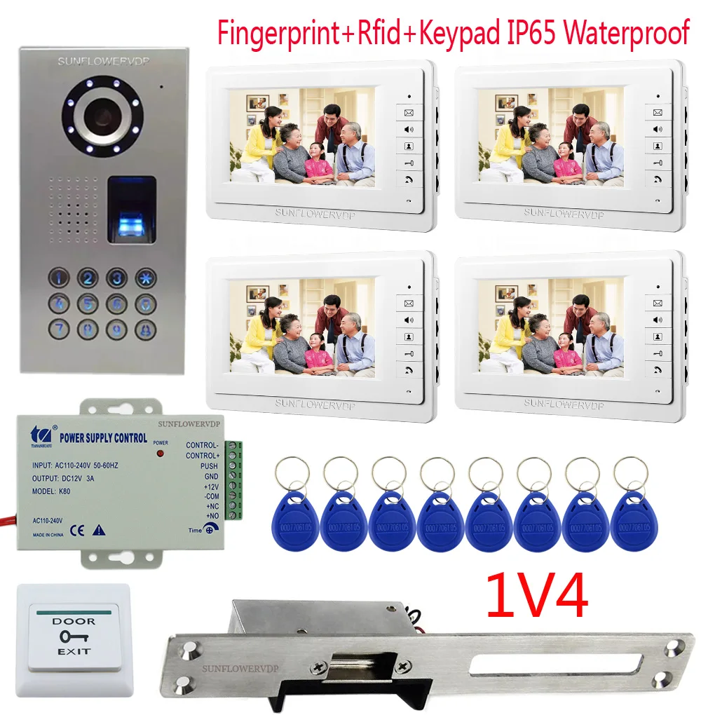 

Fingerprint Rfid Keypad Wired Video Door Entry 7" Color Monitor Video Door Phone + long Plate Electric Strike Door Lock 1V4