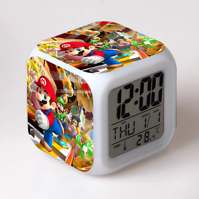 Super Mario Bros светодиодный будильник светящийся красочный сенсорный светильник игра фигурка ПВХ настольные игрушки для детей