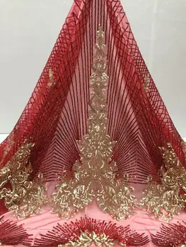 

net tulle lace High Quality African Lace Fabric Red Gold Line Sequins French Lace Fabric Wedding dress 5yards free shipping