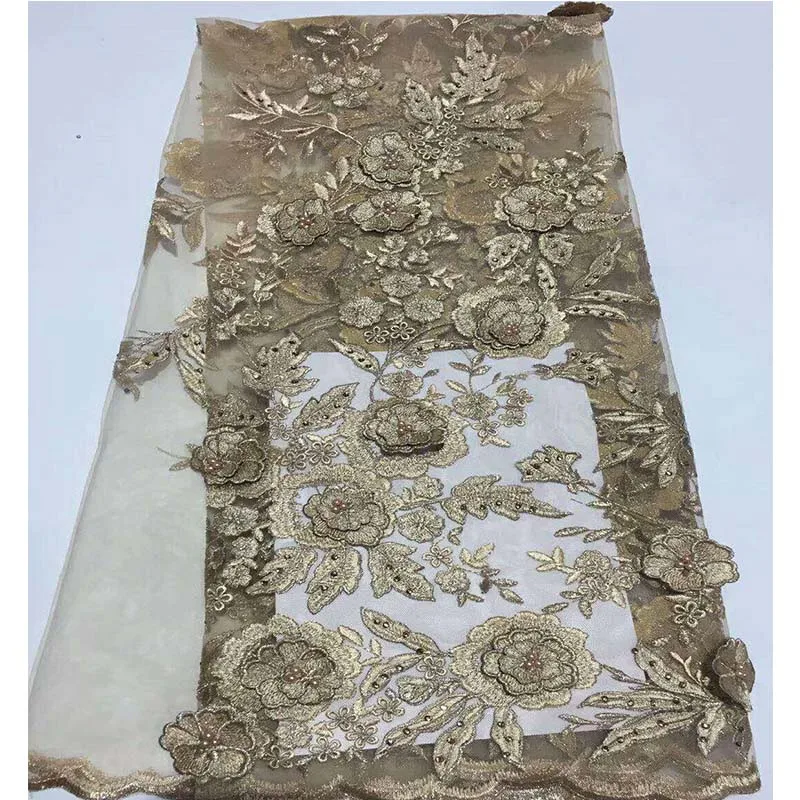 

Brown flowers beaded applique lace fabric high quality Latest african lace 2018 3D lace fabric for french wedding dress ZX0790