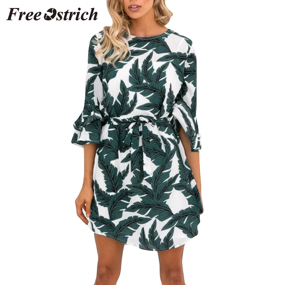 Ostrich, женское Повседневное платье с рукавом три четверти и принтом в виде листьев, бохо, мини платье с круглым вырезом, зеленое мягкое платье с принтом растений