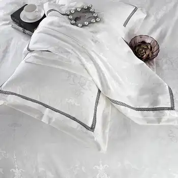 6pcs White Jacquard bedding set Luxury Embroide Satin duvet/quilt cover king queen size bedclothes bed sheet cotton home textile