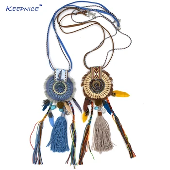 

New Womens clothing accessories Bohemia Ethnic long fringe tassle pendant Necklace handmade feather charm Moon Pendant Necklace