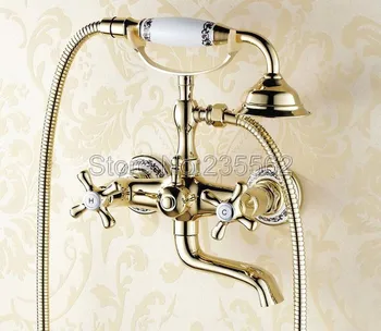 

Luxury Golden Brass Porcelain Base Wall Mounted Bathroom Tub Shower Faucet Set Dual Handle Mixer Tap + Handheld Shower ltf408