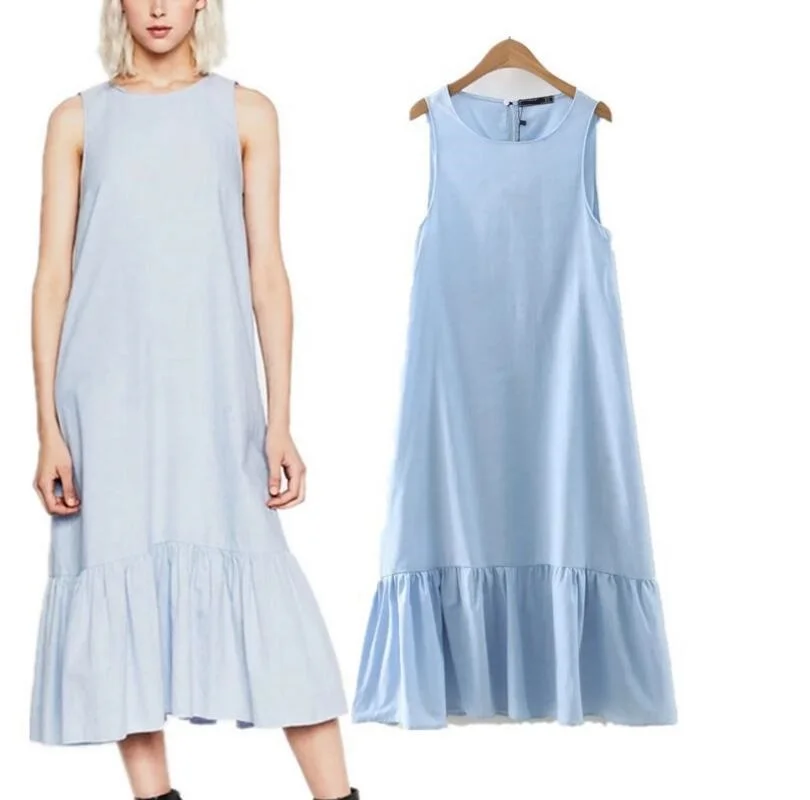 2018 Cotton Fashion Women Long Tank Dress Ruffles Beach Summer