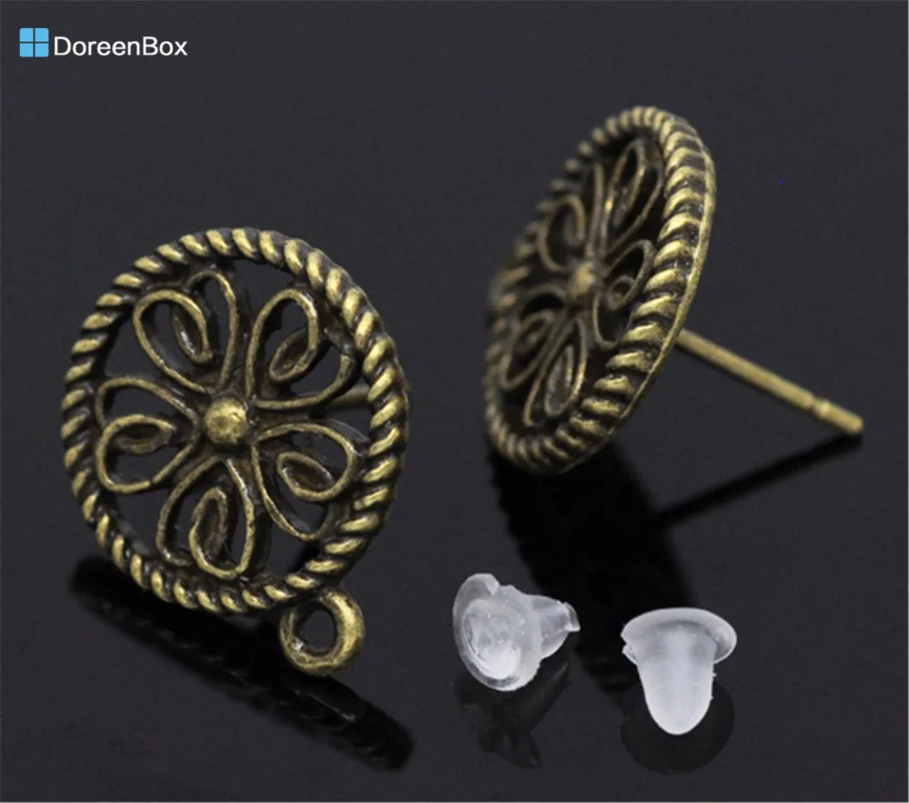 

Doreen Box hot- 25 Pairs Bronze Tone Earring Post W/ Stoppers&Loop 17x13mm (B14741)
