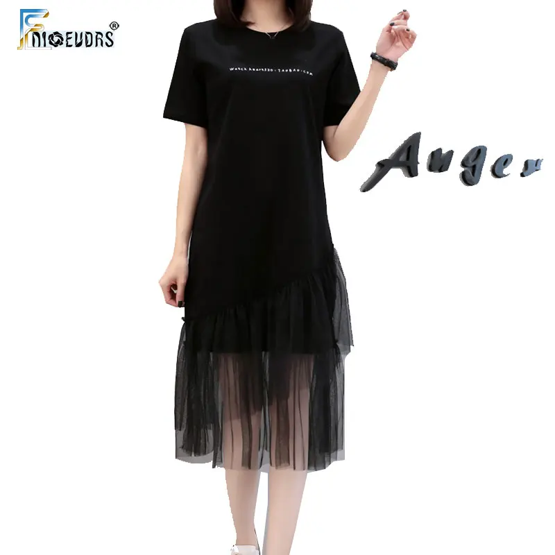 

Womens Summer Dress Fashion Design Short Sleeve Gray Black Mesh Sheer Patchwork Ruffled Letter Print Cotton T Shirt Dress