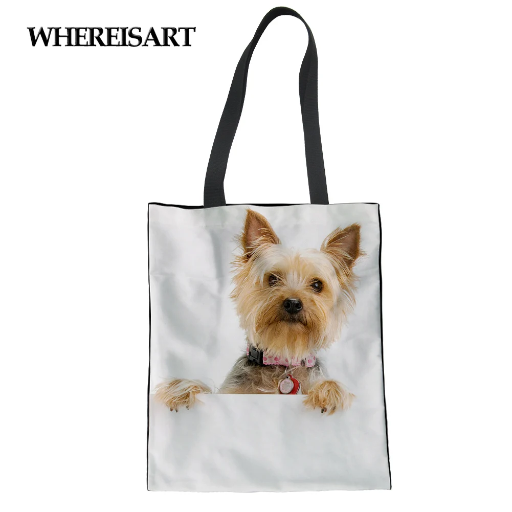 

WHEREISART Women Canvas Bag Cute Yorkshire Terrier Shopping Shoulder Bag Ladies Handbag Girls Totes Large Travel Beach Bag 2019