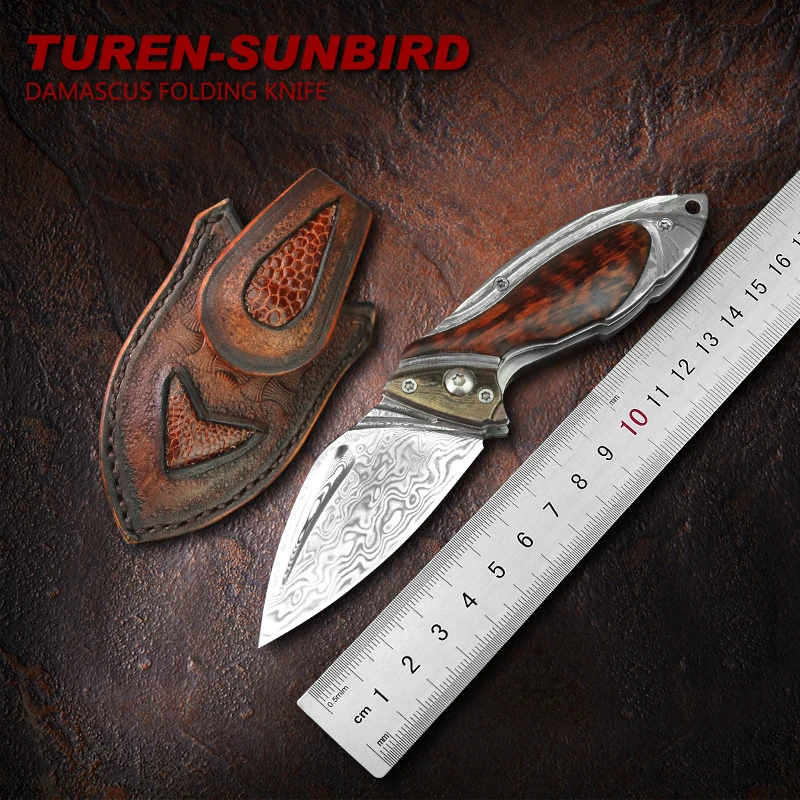 

TUREN-Damascus Steel Mini Folding Pocket Knife Snakewood Handle Survival Hunting EDC With Handmade Carved Leather Sheath/Holster