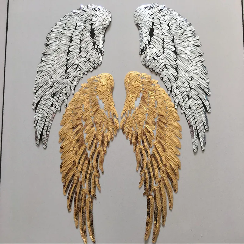

3Pair Angel Wing Feather Sequin Embroidered Fabric Large Patch Applique Stick Clothes Decorate Accessories diy Gold Silver Iron