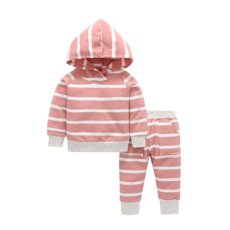 Одежда для новорожденных мальчиков, полосатые толстовки с капюшоном, Топы + штаны, комплект одежды из 2 шт. для маленьких девочек 0-24 м
