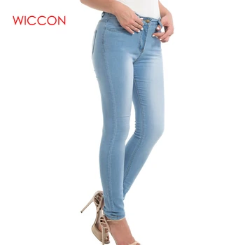 

WICCON Fashion High Waist Women Jeans Stretch Skinny Jeans Female Casual Jeans Slim Pencil Pants Sky Blue Denim Ladies Pants2020