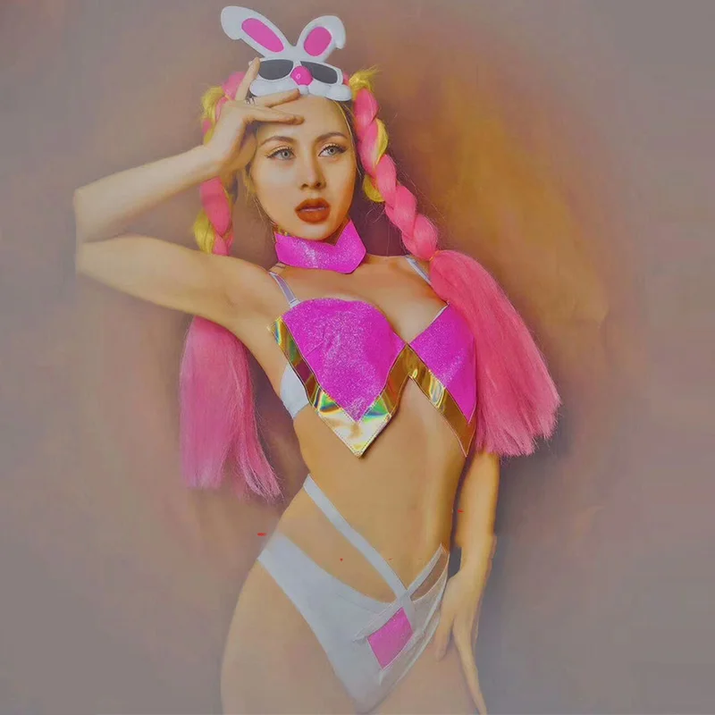 Nightclub Modern DJ Female Singer Party Dance Performance Show Stage Adult Rabbit Ears Mask Wig Bikini Cosplay Costume DWY1353