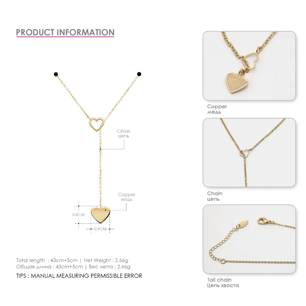 eManco Cute Heart Y Shape Choker Necklaces for Women Girl Simple Pendant Gold-Color Link Chain necklace Fashion Jewelry Gifts