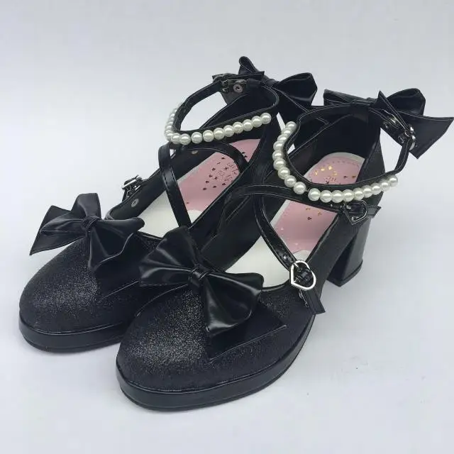 Womens-Shiny-Black-Silver-Sequin-Pumps-Bow-Strap-Cross-Pearl-Ankle-Strap-Princess-Lolita-Shoes-Custom-Tailor-Available- 14