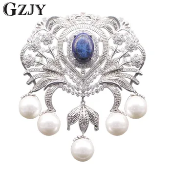 

GZJY Vintage Hollow Out Flowerl Pearl&Lapis Lazuli AAA Cubic Zircon Gold Color Brooch Pin/Pendant versatility Jewelry