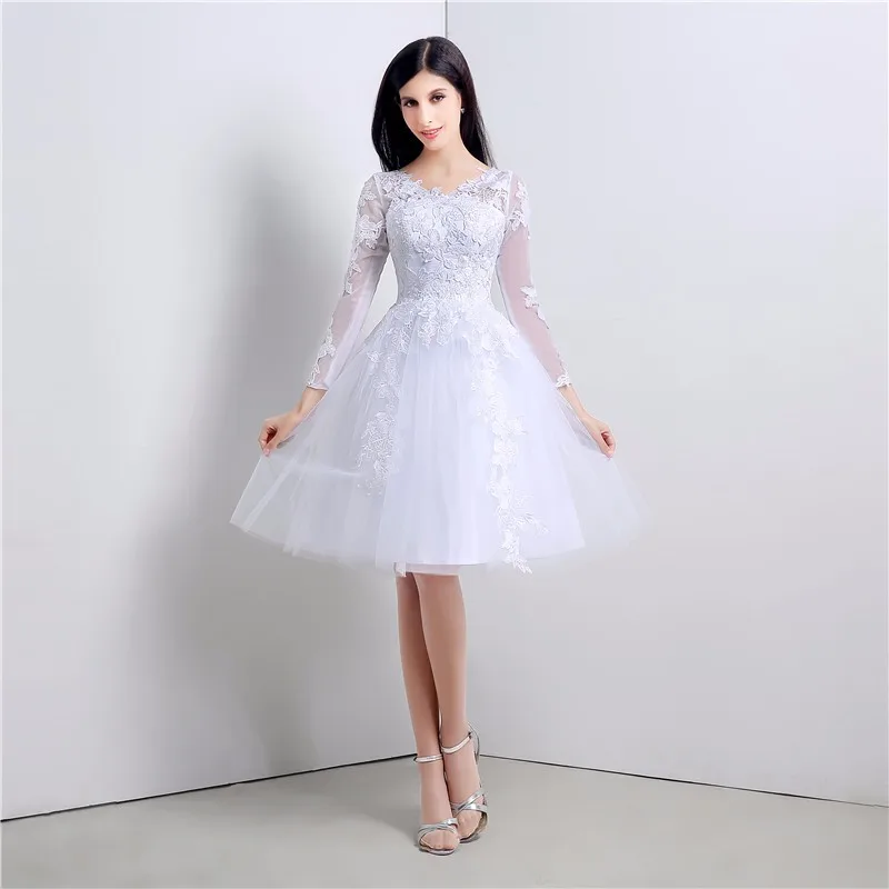 Long Sleeve Short Wedding Dress Applique Knee Length Lace Wedding