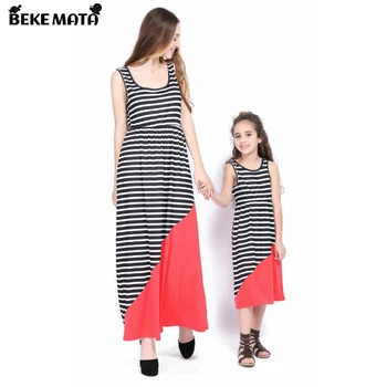 

BEKE MATA Mother Daughter Dresses Summer Casual Striped Matching Baby Girl And Mom Clothes Sleeveless Patchwork Family Look Set