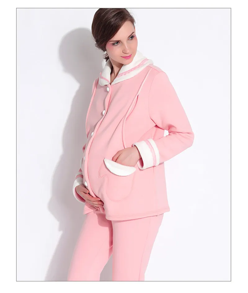 Грудное вскармливание пижамный комплект осень-зима для беременных бархат Костюмы толщиной беременных Для женщин пижамы кормящих пальто длинные штаны комплект - Цвет: Pink