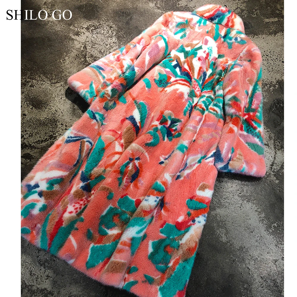 Шуба SHILO GO, женская зимняя мода, цельное натуральное Норковое длинное пальто, воротник-стойка, богемный цветочный принт, длинный рукав, Свободное пальто