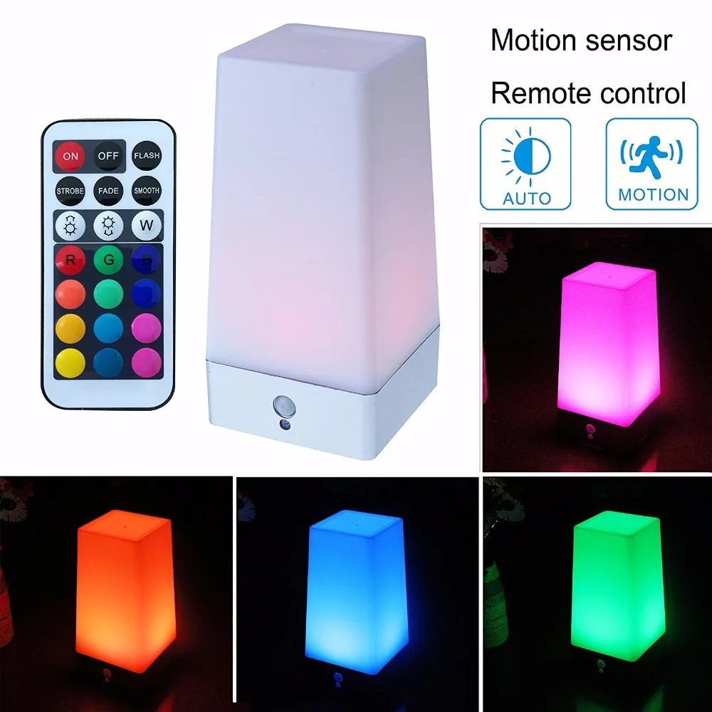 

Wralwayslx PIR motion sensor and remote control changing color LED night light use 3AAA batteries square table lamp beside light