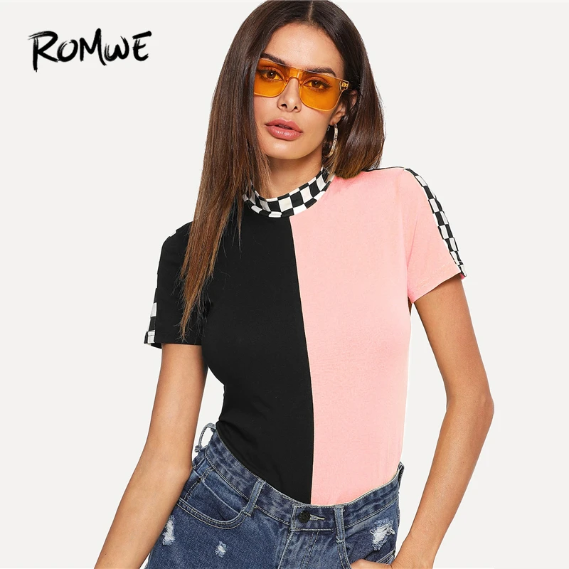 ROMWE اثنين لهجة القماش القطني تقليم المحملة 2019 الفاخرة منقوشة Colorblock الشارع الشهير الصيف صالح سليم تيز المرأة شيك الوقوف طوق T قميص