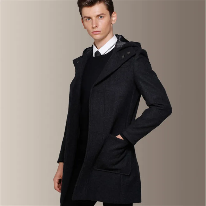 2015 New Winter Long Wool Coat Hooded Men Gray Woolen Coat Slim ...